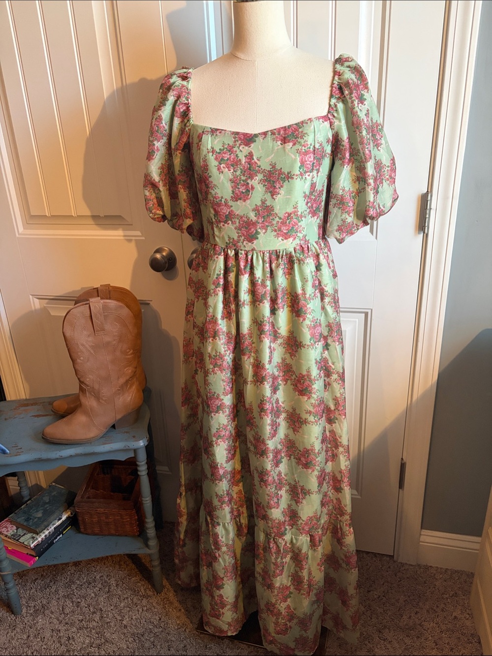 Peach Love California Mint Maxi Dress with Pink Floral Print